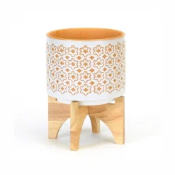 Cache-pot en céramique sur support en bois