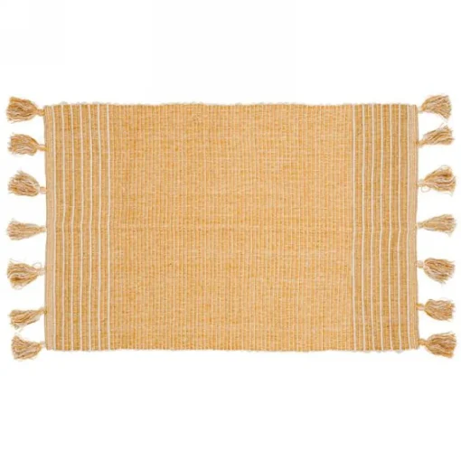 Tapis antidérapant jaune avec rayures et pompons